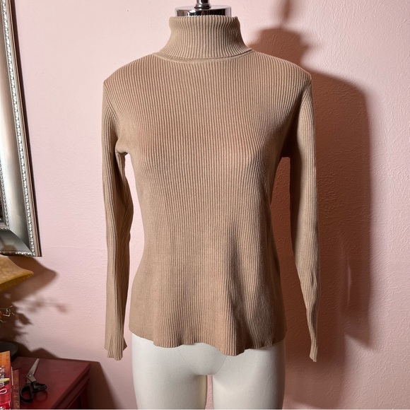 Vintage 90 Y2K Liz Claiborne Ribbed Camel Turtleneck Sweater Cotton Fitted - Picture 3 of 17